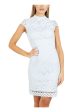 QUIZ Womens Light Blue Lace Cap Sleeve Mock Neck Above The Knee Evening Dress Discount