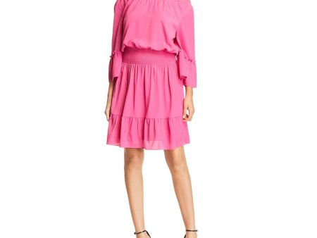 LE GALI Womens Pink Stretch Ruffled Shirred Waist Bell Sleeve Off Shoulder Short Evening Sheath Dress Online