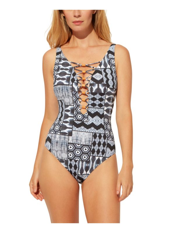 BLEU Women s Navy Printed Stretch Plunging V-Neck Strappy Beaded Adjustable Full Coverage One Piece Swimsuit Online now