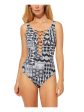 BLEU Women s Navy Printed Stretch Plunging V-Neck Strappy Beaded Adjustable Full Coverage One Piece Swimsuit Online now