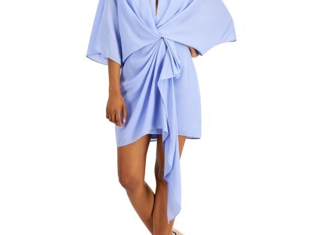 AIDAN AIDAN MATTOX Womens Light Blue Zippered Draped Twist Front L Flutter Sleeve Crew Neck Above The Knee Cocktail Sheath Dress on Sale