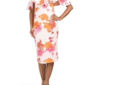 RACHEL RACHEL ROY Womens Pink Cold Shoulder Ruffled Zippered Slitted Floral Flutter Sleeve V Neck Midi Party Sheath Dress Online Hot Sale