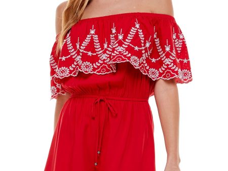 KINGSTON GREY Womens Stretch Eyelet Short Sleeve Off Shoulder Wide Leg Romper Online Sale