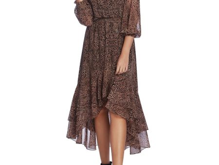 1. STATE Womens Brown Ruffled Smock Waist Animal Print 3 4 Sleeve V Neck Midi Evening Dress Fashion