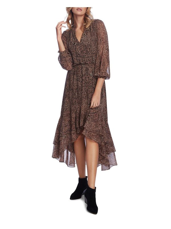 1. STATE Womens Brown Ruffled Smock Waist Animal Print 3 4 Sleeve V Neck Midi Evening Dress Fashion