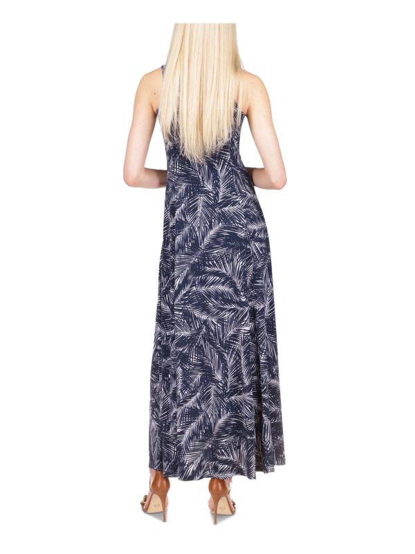 MICHAEL KORS Womens Navy Slitted Printed Sleeveless Scoop Neck Maxi Sheath Dress Discount