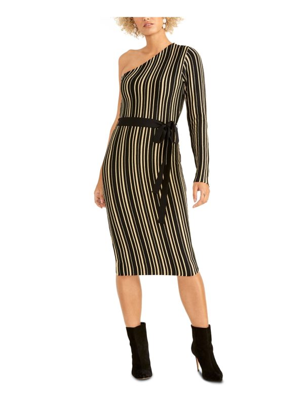 RACHEL ROY Womens Belted Striped Long Sleeve Asymmetrical Neckline Knee Length Sheath Dress Online