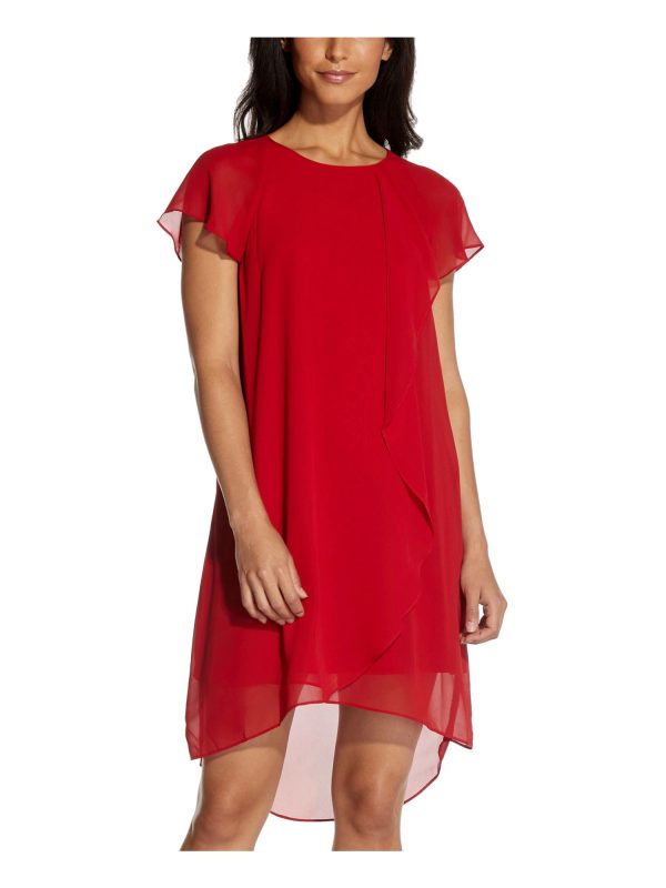 ADRIANNA PAPELL Womens Sheer Flutter Sleeve Crew Neck Above The Knee Hi-Lo Dress Fashion