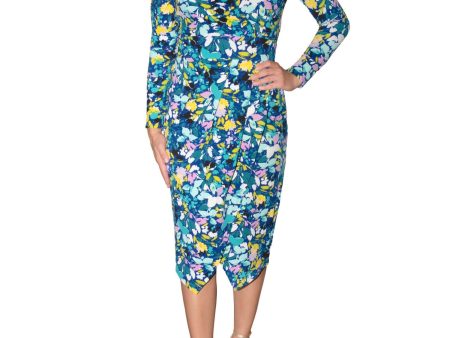 RACHEL RACHEL ROY Womens Blue Zippered Textured Pleated Faux Wrap Design Floral Long Sleeve V Neck Midi Wear To Work Tulip Dress Online Hot Sale