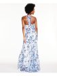 SEQUIN HEARTS Womens Blue Sheer Floral Sleeveless Halter Full-Length Formal Fit + Flare Dress Sale