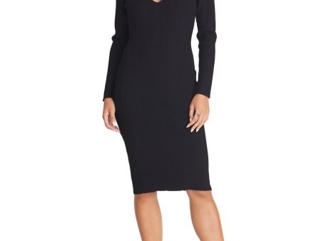 RACHEL ROY Womens Black Textured Long Sleeve Keyhole Below The Knee Evening Body Con Dress Online Sale