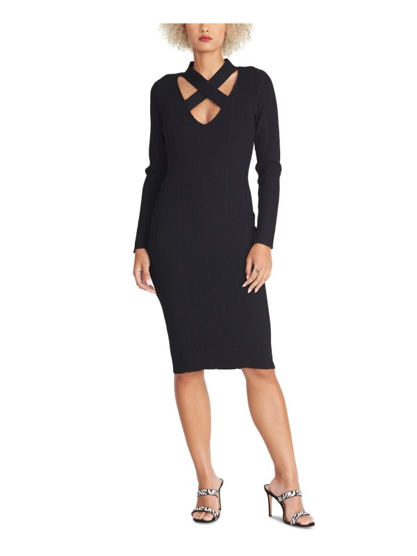 RACHEL ROY Womens Black Textured Long Sleeve Keyhole Below The Knee Evening Body Con Dress Online Sale