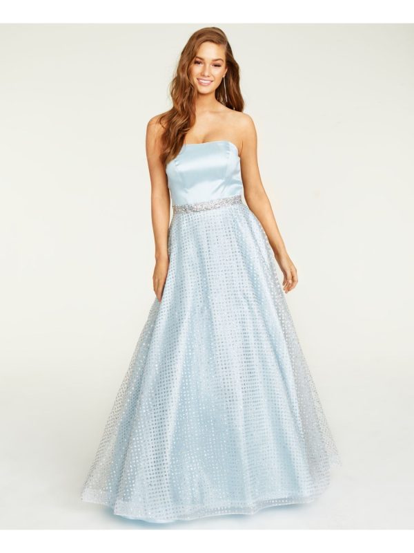 SAY YES TO THE PROM Womens Blue Glitter Overlay Sleeveless Full-Length Prom Dress Sale