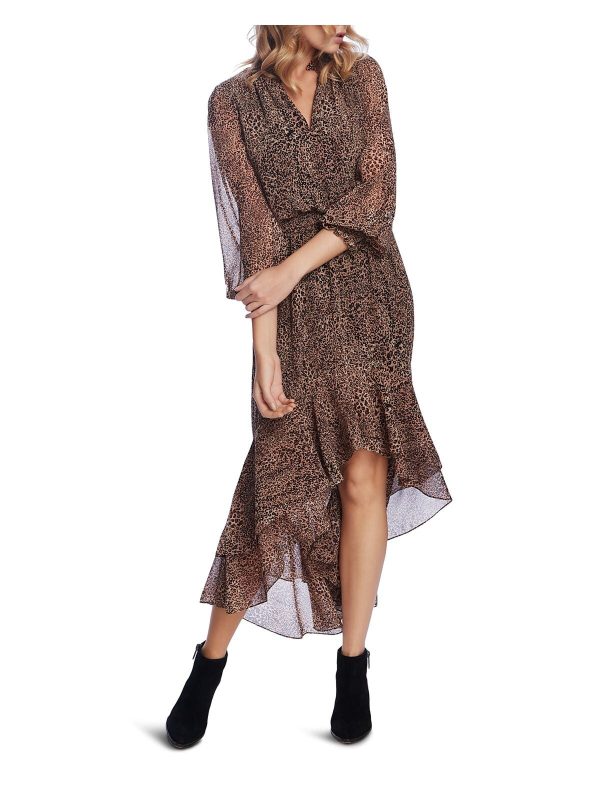 1. STATE Womens Brown Ruffled Smock Waist Animal Print 3 4 Sleeve V Neck Midi Evening Dress Supply