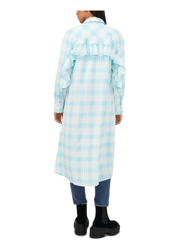 RILEY&RAE Womens Light Blue Ruffled Pocketed Slitted Button Down Plaid Cuffed Sleeve Point Collar Below The Knee Shirt Dress For Discount