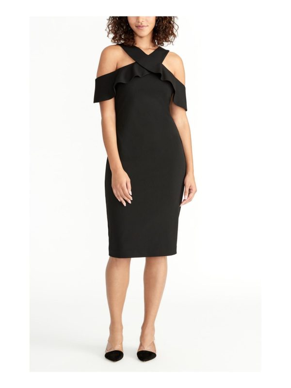 RACHEL ROY Womens Ruffled Cold Shoulder Halter Below The Knee Evening Sheath Dress For Cheap