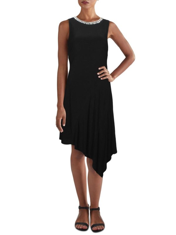 MSK Womens Black Rhinestone Asymmetrical Sleeveless Crew Neck Below The Knee Cocktail Fit + Flare Dress Supply