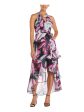 NIGHTWAY Womens Black Zippered Cut Out Ruffled Hi-lo Hem Tie At Waist Printed Sleeveless Halter Maxi Formal Sheath Dress Fashion