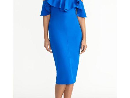 RACHEL RACHEL ROY Womens Blue Slitted Zippered Lined Ruffled Flutter Sleeve Off Shoulder Midi Evening Sheath Dress Sale