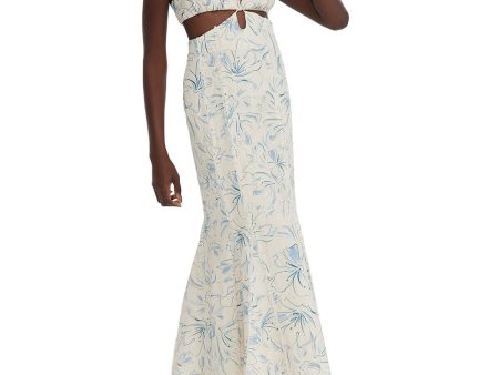 SIGNIFICANT OTHER Womens Beige Cut Out Zippered Frayed Fluted Lined Clasp Back Printed Spaghetti Strap Halter Maxi Mermaid Dress Online Sale