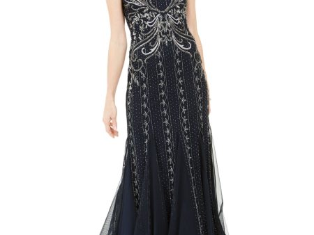 ADRIANNA PAPELL Womens Navy Beaded Cap Sleeve V Neck Full-Length Evening Fit + Flare Dress Hot on Sale