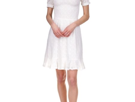 MICHAEL MICHAEL KORS Womens White Smocked Eyelet Peasant Dress Ruffled Logo Plate Pouf Sleeve Square Neck Above The Knee Dress Cheap