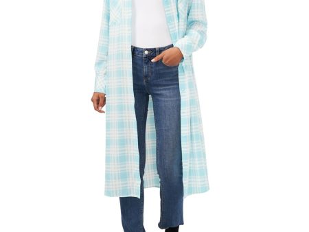 RILEY&RAE Womens Light Blue Ruffled Pocketed Slitted Button Down Plaid Cuffed Sleeve Point Collar Below The Knee Shirt Dress For Discount