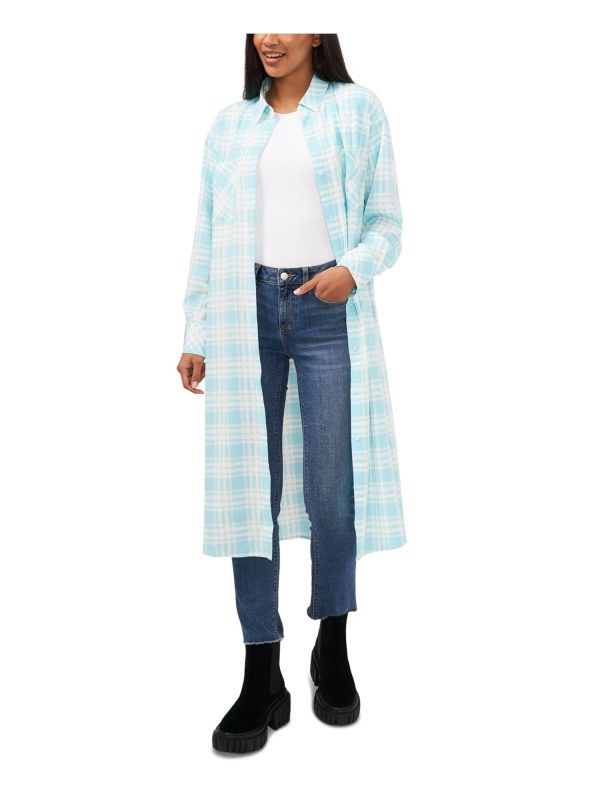 RILEY&RAE Womens Light Blue Ruffled Pocketed Slitted Button Down Plaid Cuffed Sleeve Point Collar Below The Knee Shirt Dress For Discount