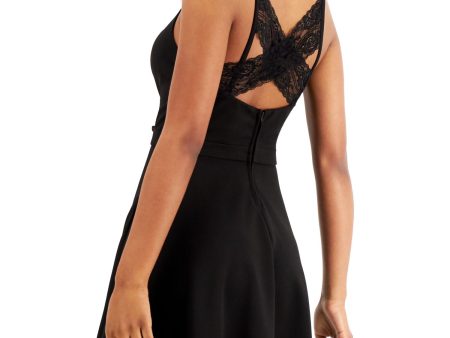 SPEECHLESS Womens Black Ruffled Lace Criss-cross Back Spaghetti Strap Sweetheart Neckline Mini Party Fit + Flare Dress on Sale