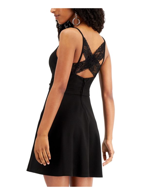 SPEECHLESS Womens Black Ruffled Lace Criss-cross Back Spaghetti Strap Sweetheart Neckline Mini Party Fit + Flare Dress on Sale