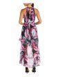 NIGHTWAY Womens Black Zippered Cut Out Ruffled Hi-lo Hem Tie At Waist Printed Sleeveless Halter Maxi Formal Sheath Dress Fashion