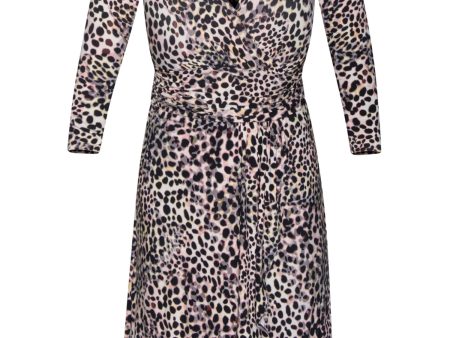 RACHEL RACHEL ROY Womens Pink Stretch Ruched Zippered Front Pleated Cascade Animal Print Long Sleeve Surplice Neckline Midi Party Faux Wrap Dress Online now