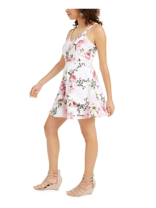 SPEECHLESS Womens Pink Floral V Neck Short Fit + Flare Dress Hot on Sale