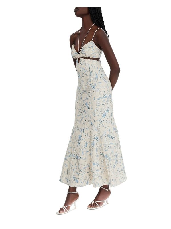 SIGNIFICANT OTHER Womens Beige Cut Out Zippered Frayed Fluted Lined Clasp Back Printed Spaghetti Strap Halter Maxi Mermaid Dress Online Sale