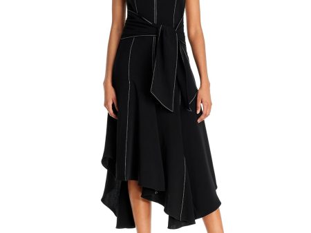 5 A 7 Womens Black Zippered Pleated Handkerchief Hem Tie Front Sleeveless V Neck Midi Evening Fit + Flare Dress Online now