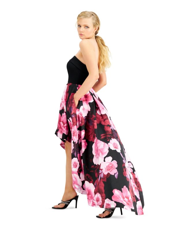 SPEECHLESS Womens Black Pocketed Zippered Floral Sleeveless Strapless Full-Length Prom Hi-Lo Dress For Cheap