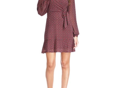 MICHAEL KORS Womens Burgundy Lined Tie Button Keyhole Pullover Long Sleeve Jewel Neck Mini Party Faux Wrap Dress For Sale