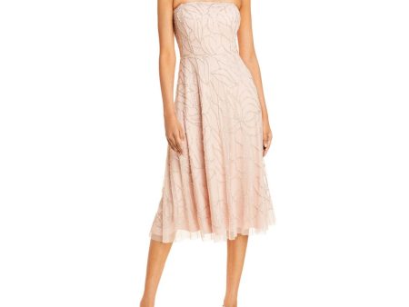 AIDAN MATTOX Womens Pink Beaded Zippered Sheer Lined Printed Sleeveless Strapless Below The Knee Cocktail Fit + Flare Dress For Sale