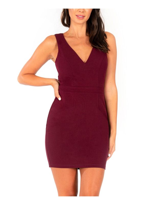 SPEECHLESS Womens Maroon Zippered Illusion-back Sleeveless V Neck Short Cocktail Body Con Dress For Cheap