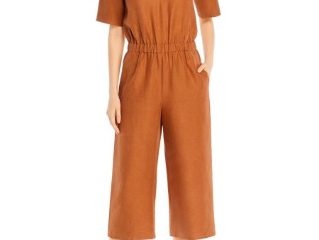 EILEEN FISHER Womens Brown Pocketed Cropped Short Sleeve V Neck Wide Leg Jumpsuit For Cheap