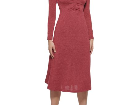 KENSIE Womens Long Sleeve V Neck Midi Wear To Work Fit + Flare Dress on Sale