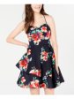 SEQUIN HEARTS Womens Black Floral Spaghetti Strap Sweetheart Neckline Short Party Fit + Flare Dress Hot on Sale