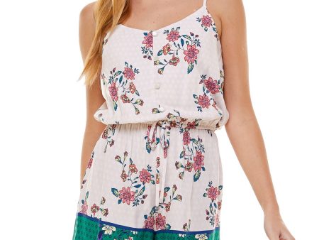 KINGSTON GREY Womens Beige Tie Gathered 3 Inseam Floral Spaghetti Strap V Neck Romper Cheap