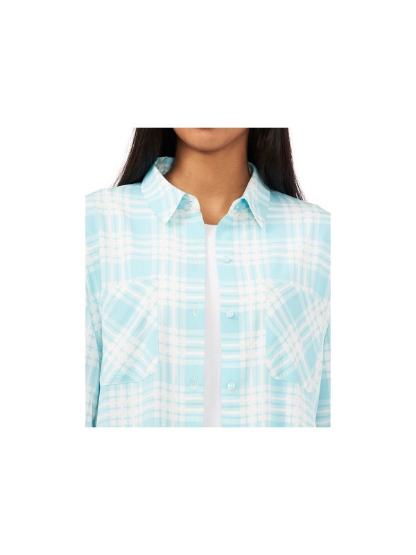 RILEY&RAE Womens Light Blue Ruffled Pocketed Slitted Button Down Plaid Cuffed Sleeve Point Collar Below The Knee Shirt Dress For Discount