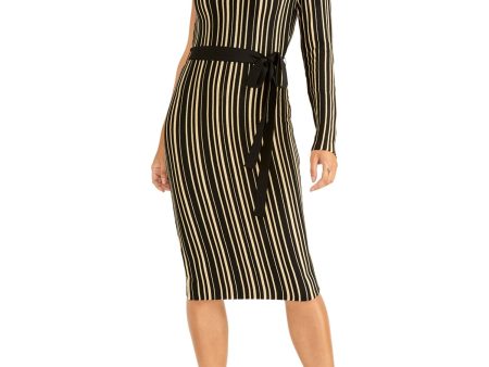 RACHEL ROY Womens Belted Striped Long Sleeve Asymmetrical Neckline Knee Length Sheath Dress Online