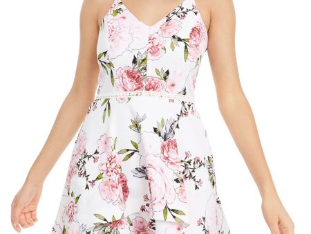 SPEECHLESS Womens Ivory Floral V Neck Short Fit + Flare Dress For Cheap