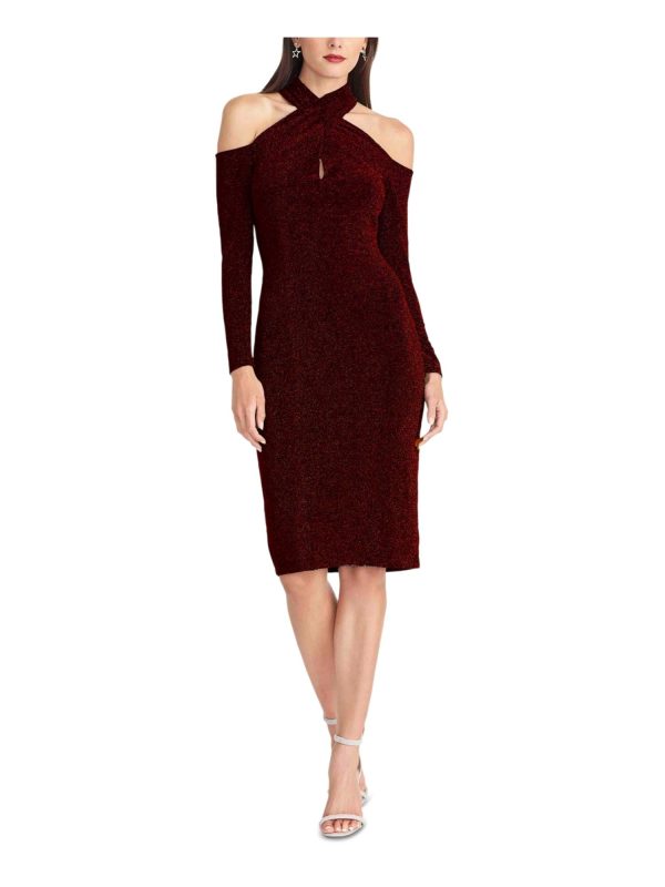 RACHEL ROY Womens Red Cold Shoulder Glitter Crisscross-halter Keyhole Long Sleeve Midi Party Sheath Dress Online Hot Sale