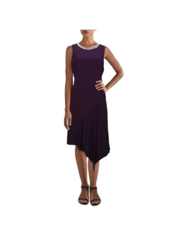 MSK Womens Purple Rhinestone Zippered Asymmetrical Sleeveless Crew Neck Below The Knee Evening Fit + Flare Dress For Sale