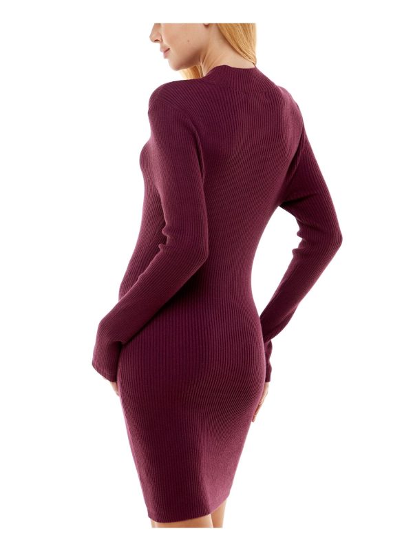 NO COMMENT Womens Purple Ribbed Cut Out Chain Detail Pullover Unlined Long Sleeve Mock Neck Short Party Sweater Dress Sale