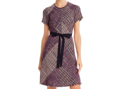 REBECCA TAYLOR Womens Purple Belted Speckle Short Sleeve Jewel Neck Above The Knee Cocktail Sheath Dress Cheap